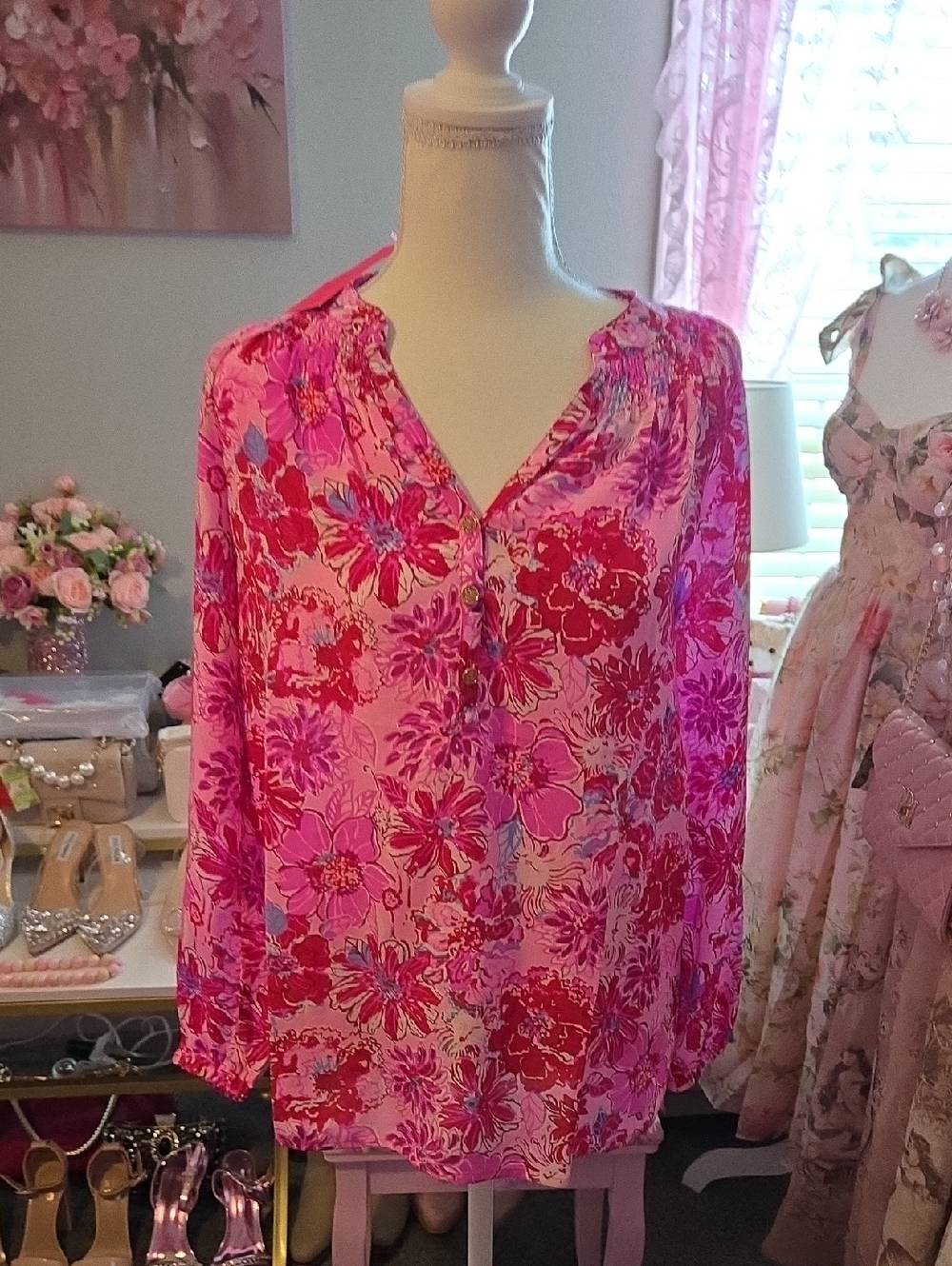 Lilly Pulitzer Pink & Fuchsia Floral V-Neck Elsa Blouse